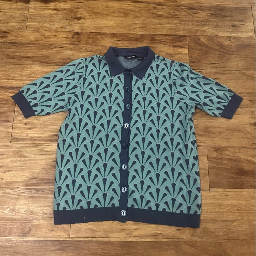 Studio Park Green & Charcoal/Blue Short Sleeve Button Up Sweater Polo